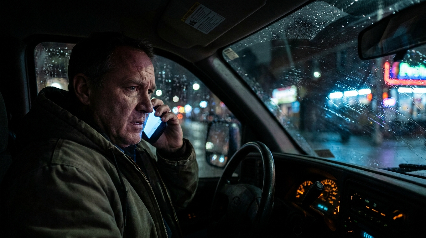 Restoration contractor answering an emergency after-hours call at night in a truck