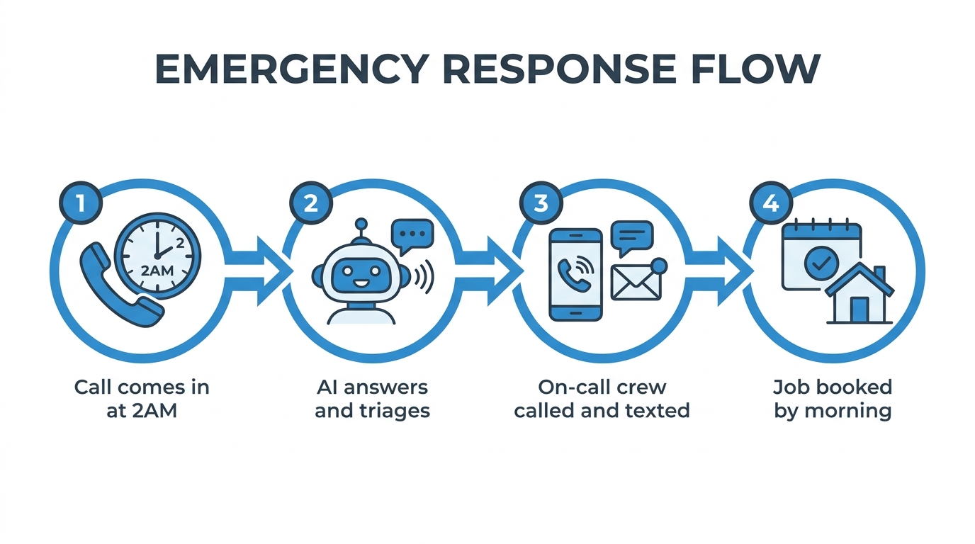 Four-step flow of an after-hours AI call: answer, triage, dispatch, book