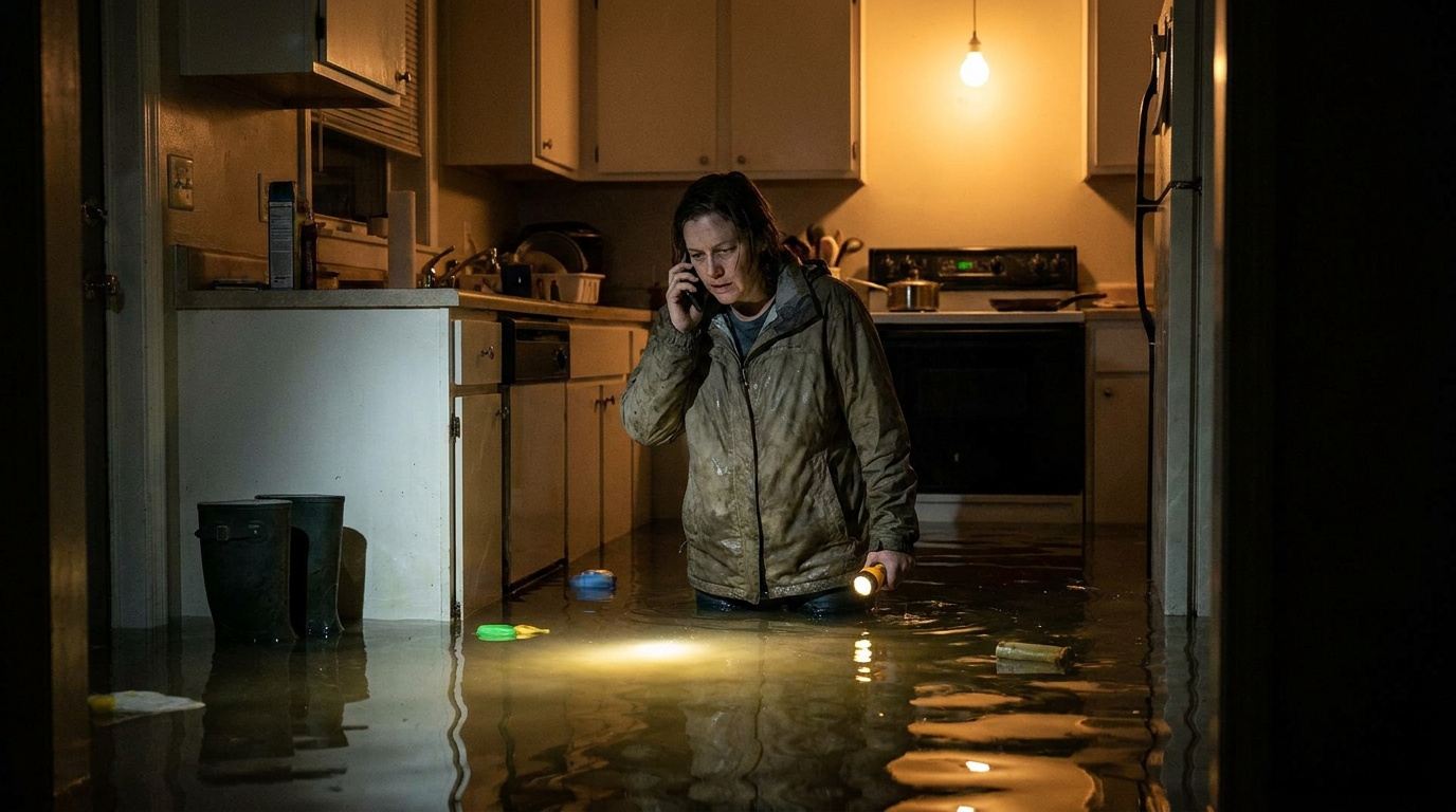 A worried homeowner calling at night in a flooded kitchen