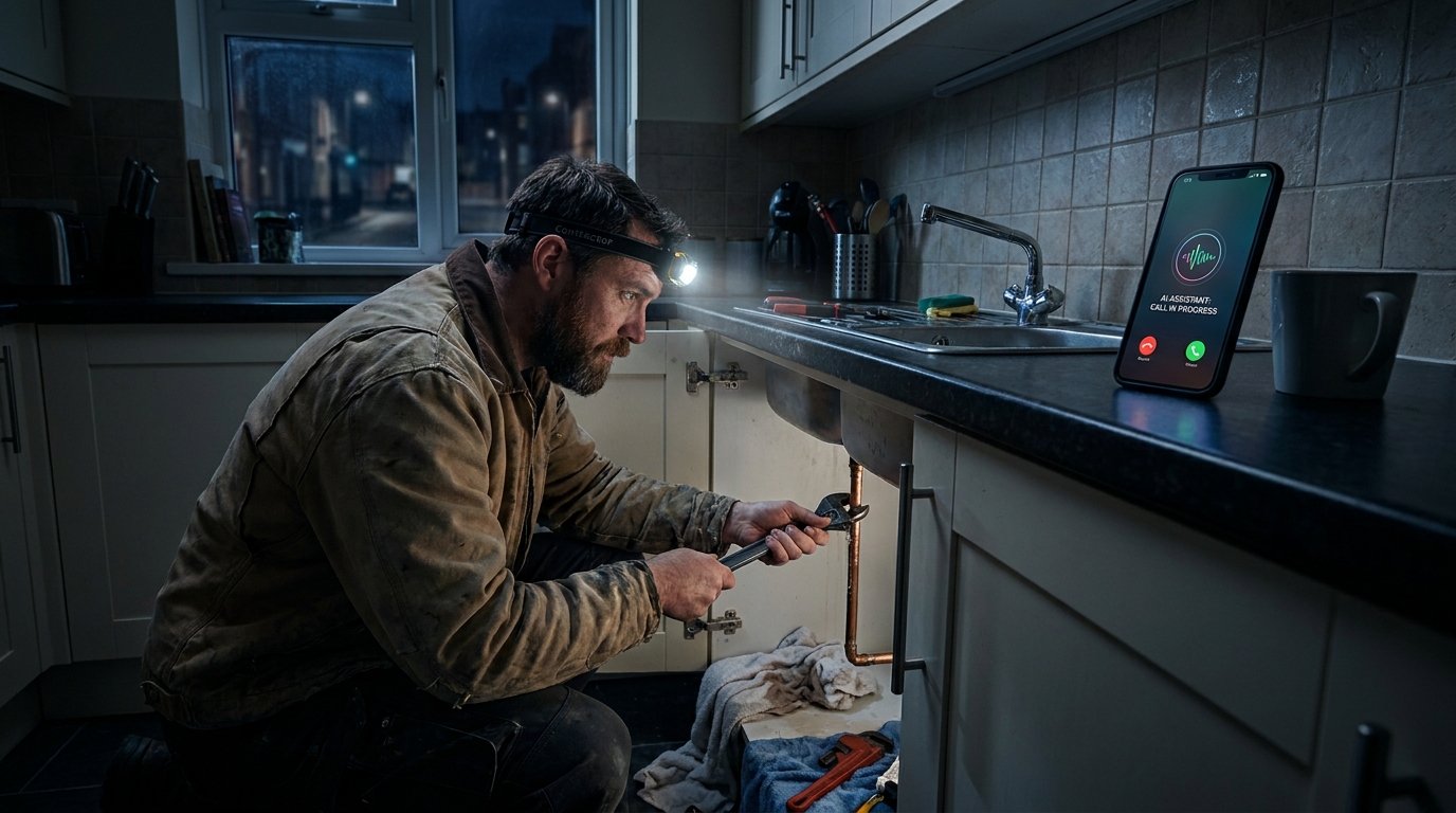 Contractor repairing a burst pipe at night while an AI answering service takes his call
