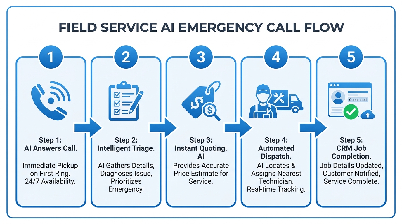 Five-step flowchart of an AI answering service call: answer, triage, quote, dispatch, CRM job card
