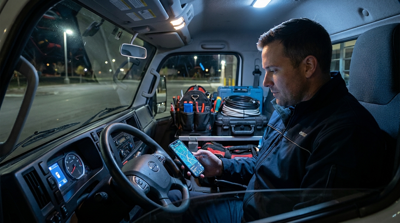 Field technician in his truck at night accepting an AI answering service dispatch on his phone
