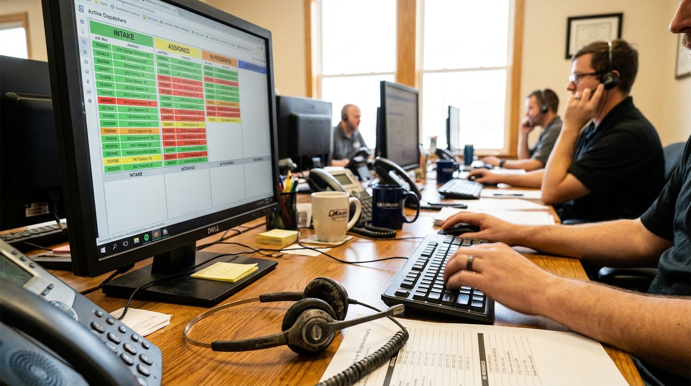 Restoration company dispatch desk where an AI receptionist answers every emergency call