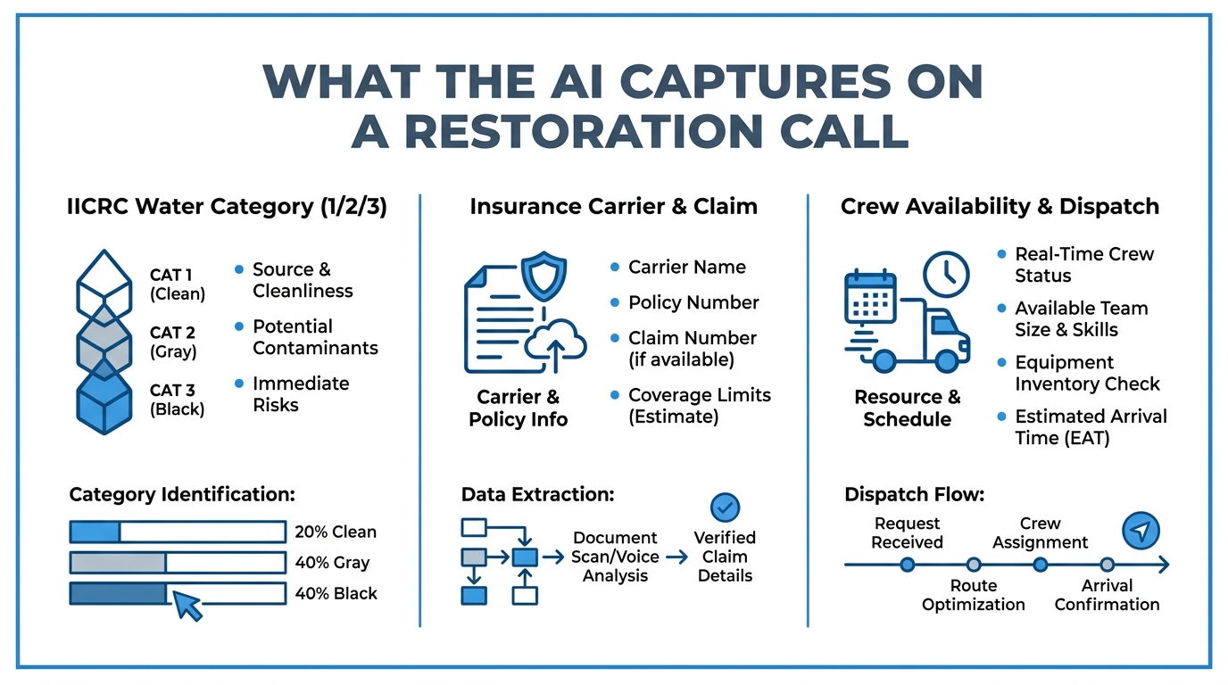 Three things the AI captures on a restoration call: water category, insurance, crew availability