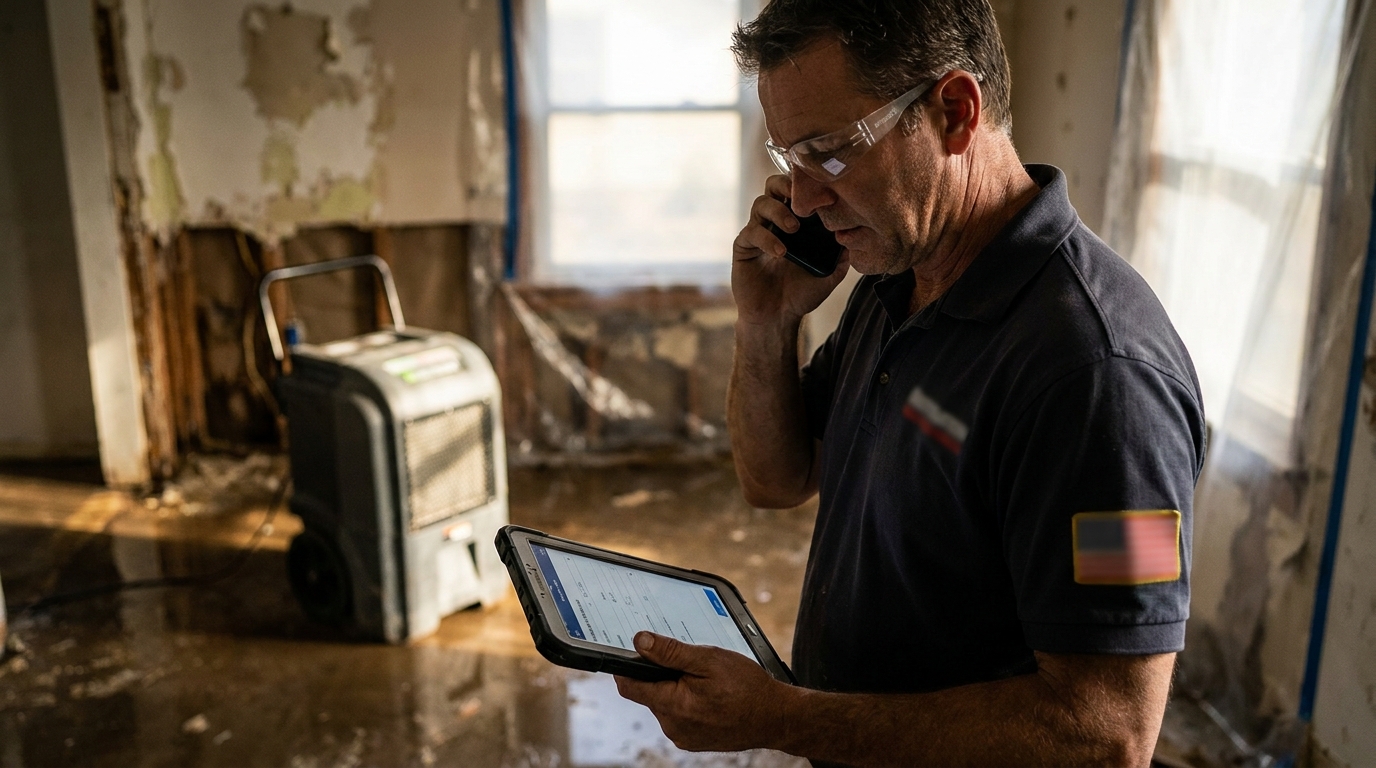 Restoration contractor capturing job details on a call at a water-damaged property