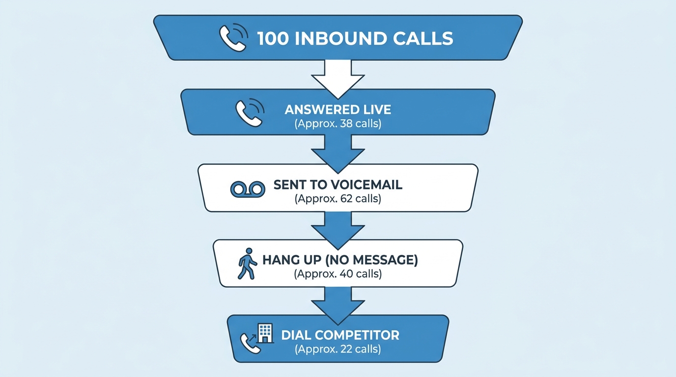 Funnel infographic showing how unanswered small business calls leak from voicemail to competitors