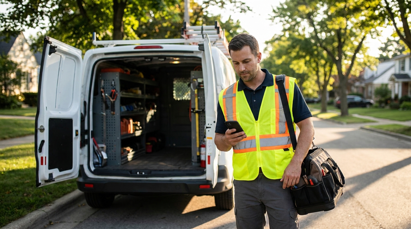 Field technician beside his service van reading a new job dispatch notification on his phone