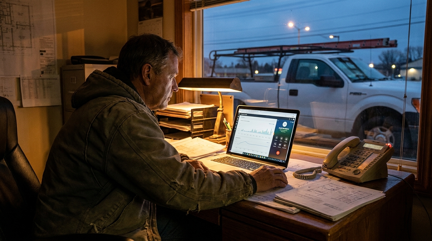 Service business owner comparing AI receptionist software on a laptop while the office phone rings