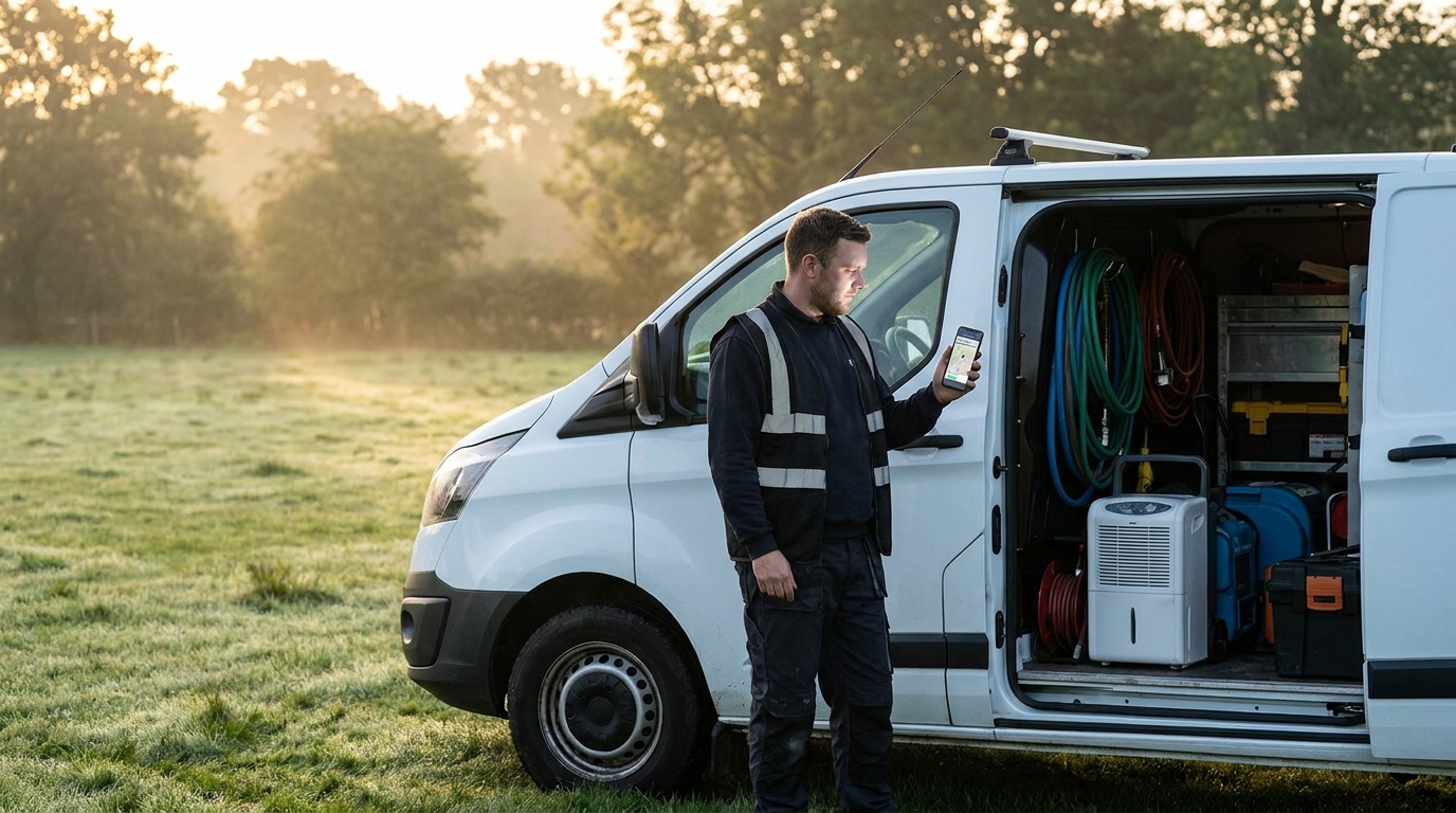 Field technician receiving a new job notification on his phone next to his service van