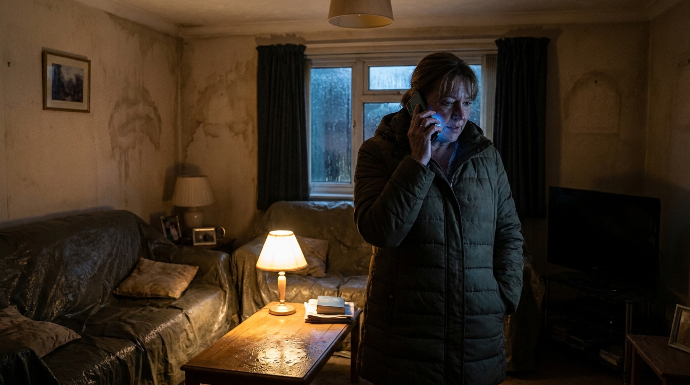 Homeowner in a water-damaged home at night calmly talking to an AI voice receptionist on the phone