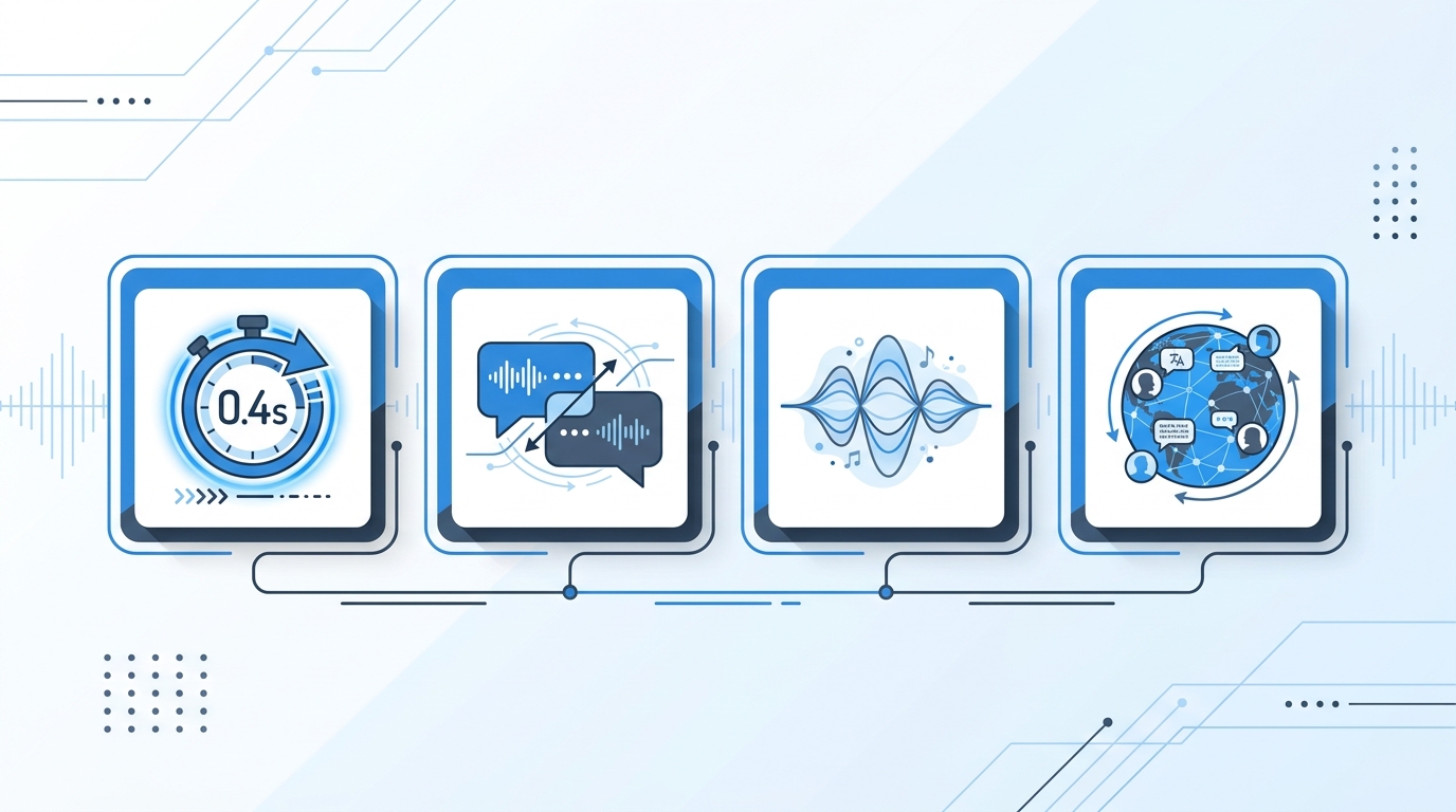 Four-panel diagram of what makes an AI voice receptionist sound human: fast response, interruption handling, natural voice, and accent support