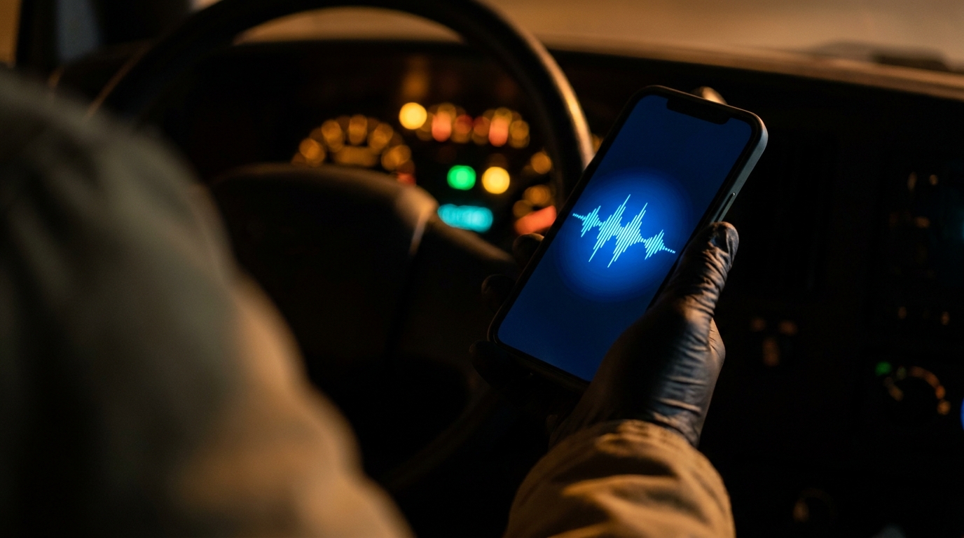 Close-up of a smartphone showing a live call waveform as an AI voice receptionist answers