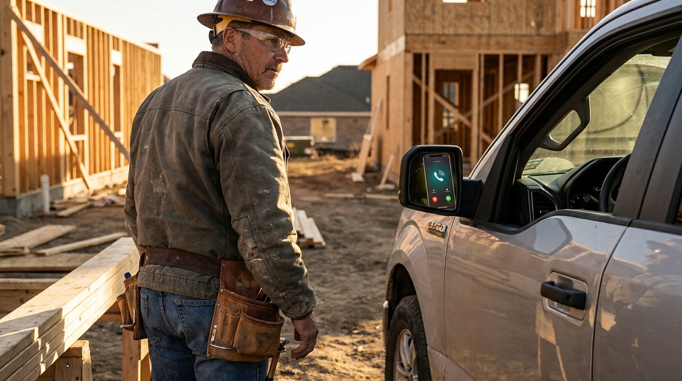 Contractor on an active job site while an incoming call lights up the phone in his work truck