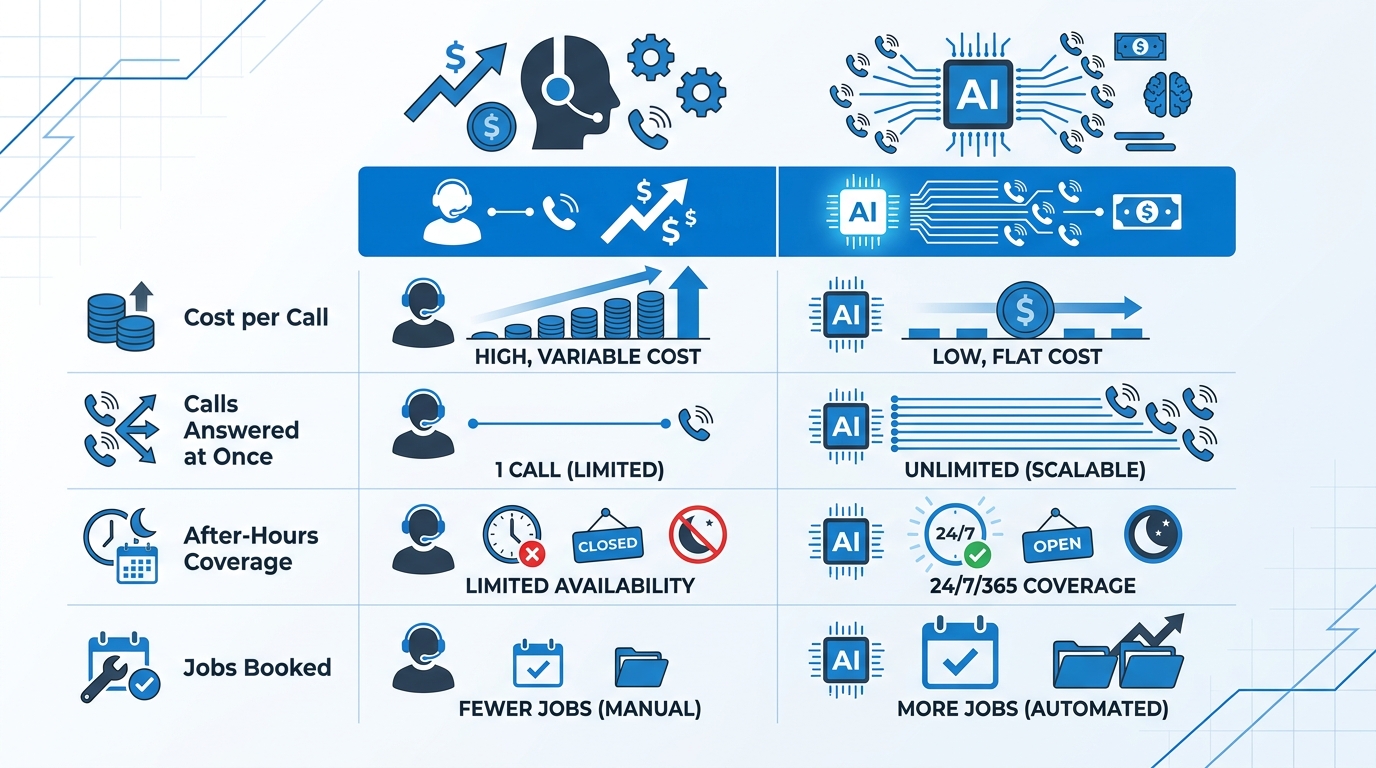 Infographic comparing a live answering service and an AI answering service on cost, capacity, coverage, and booked jobs