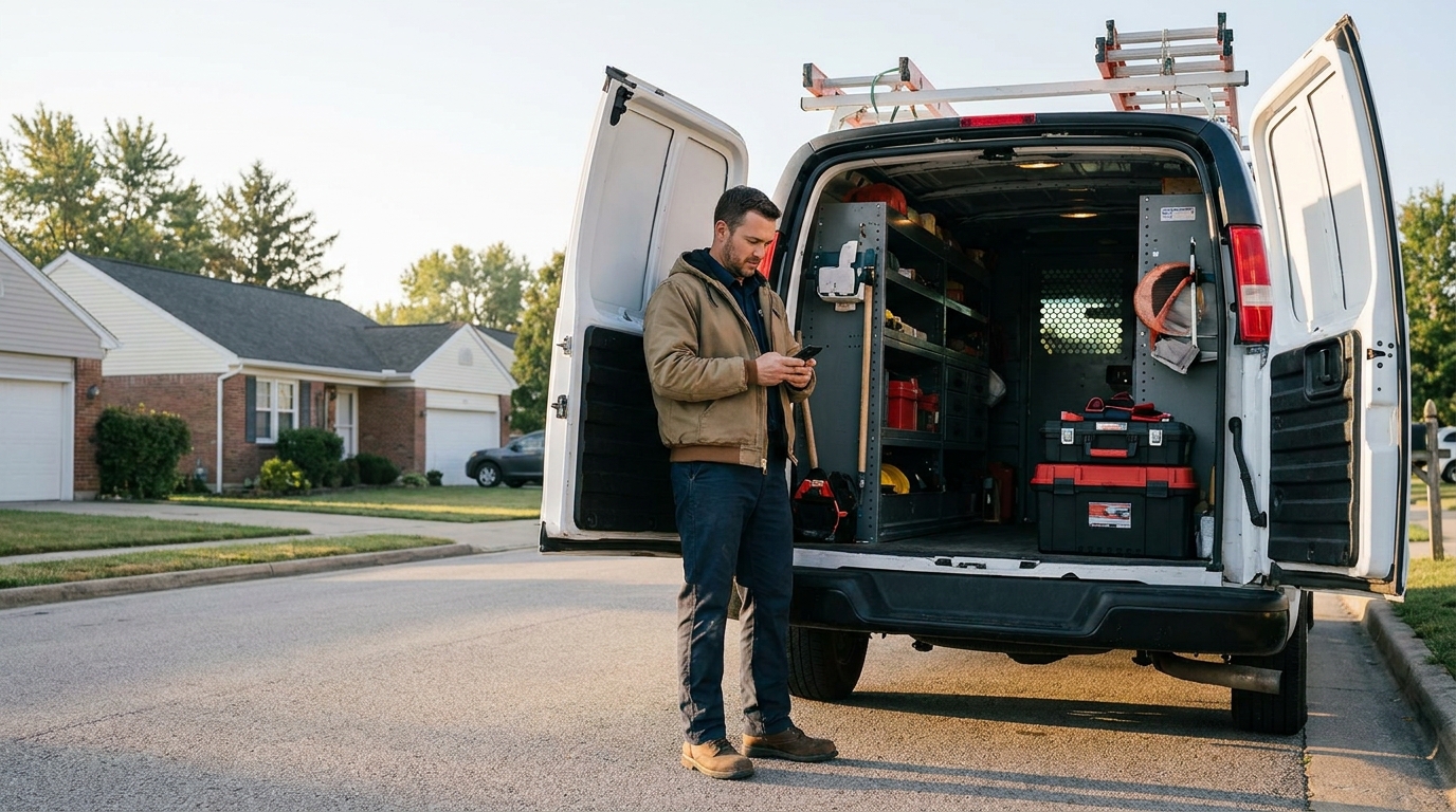Field technician reading a new job dispatch notification on his phone beside his service van
