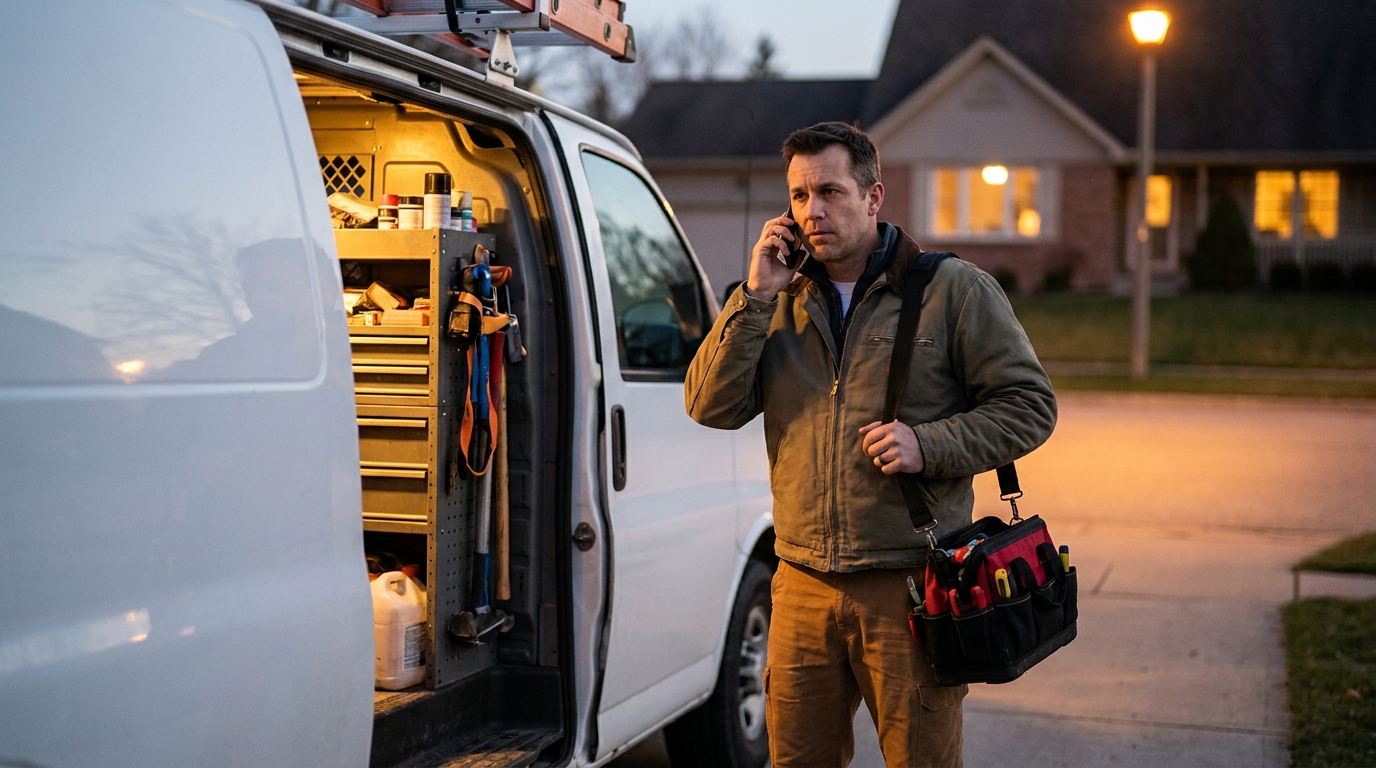 Small business owner taking a customer call beside his service van after hours