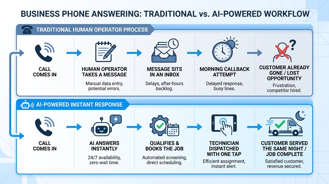 Flowchart comparing a message-taking answering service loop to an AI dispatch loop for small business calls