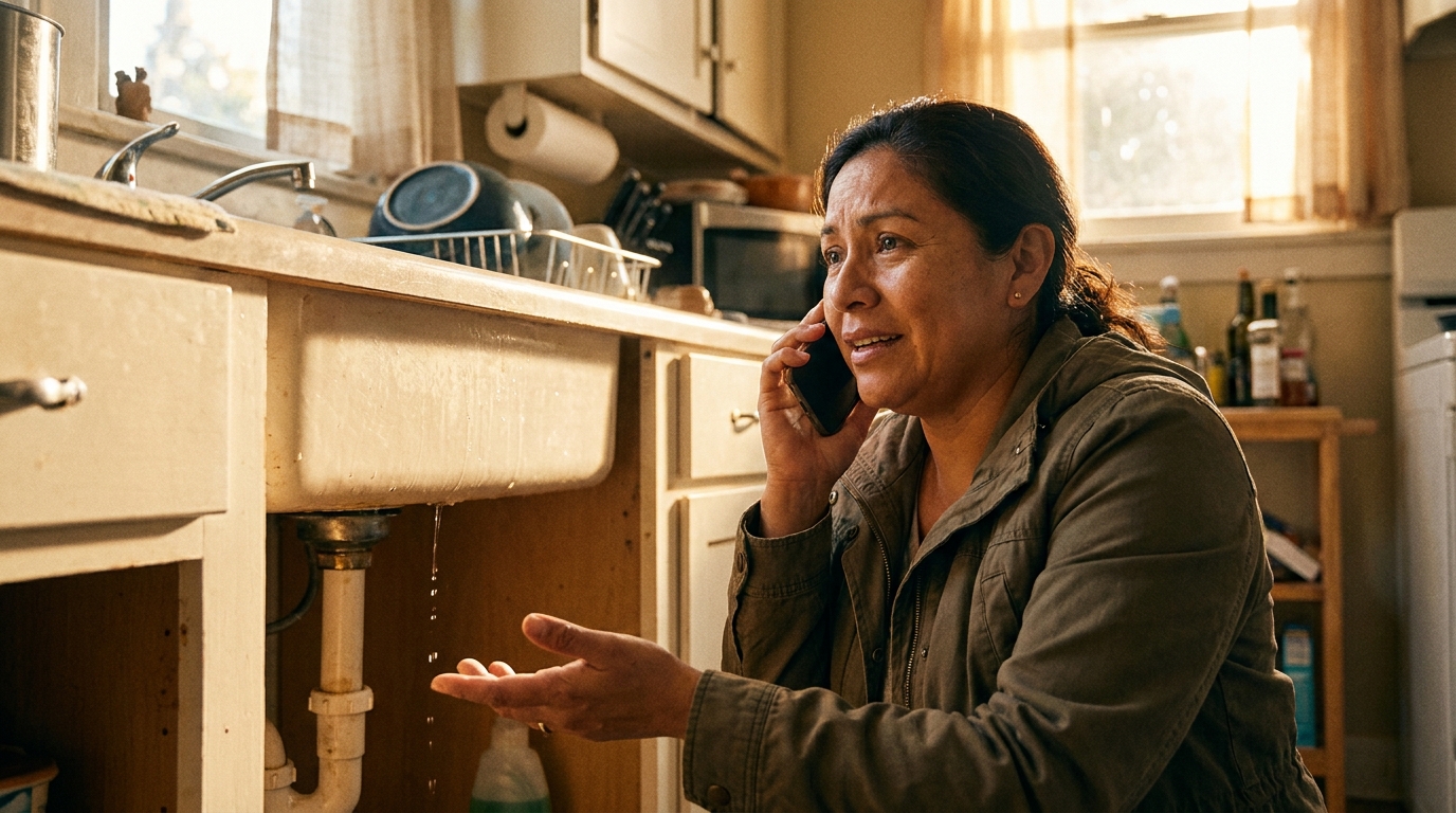Spanish-speaking homeowner calling a bilingual answering service about an emergency water leak