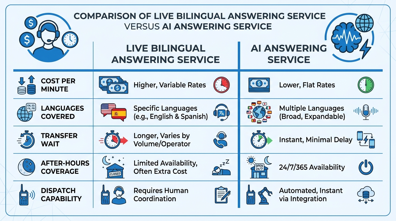 Comparison of live bilingual answering service versus AI answering service costs and capabilities