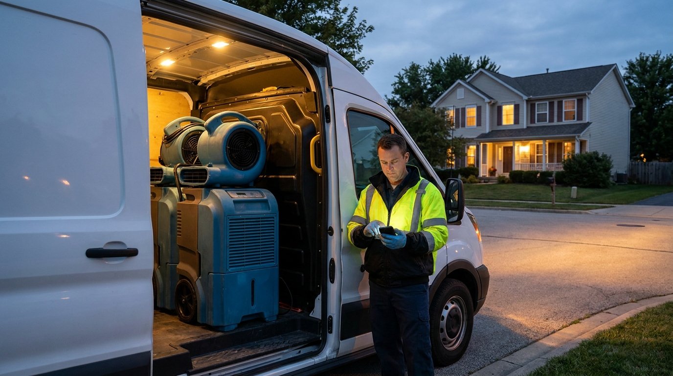 Restoration technician receiving a dispatch notification beside a service van at dusk
