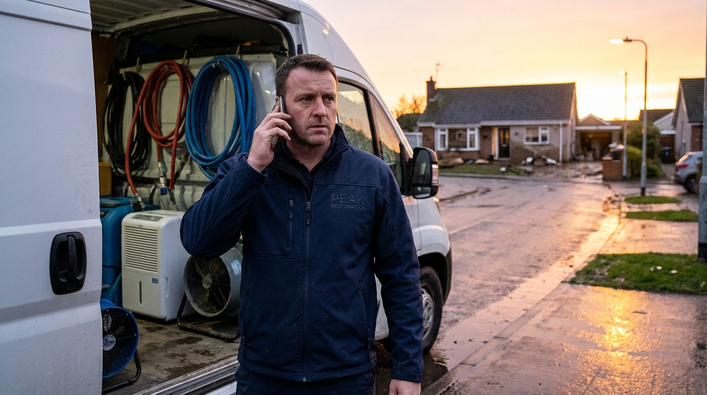 Restoration contractor taking a water damage lead call beside his service van
