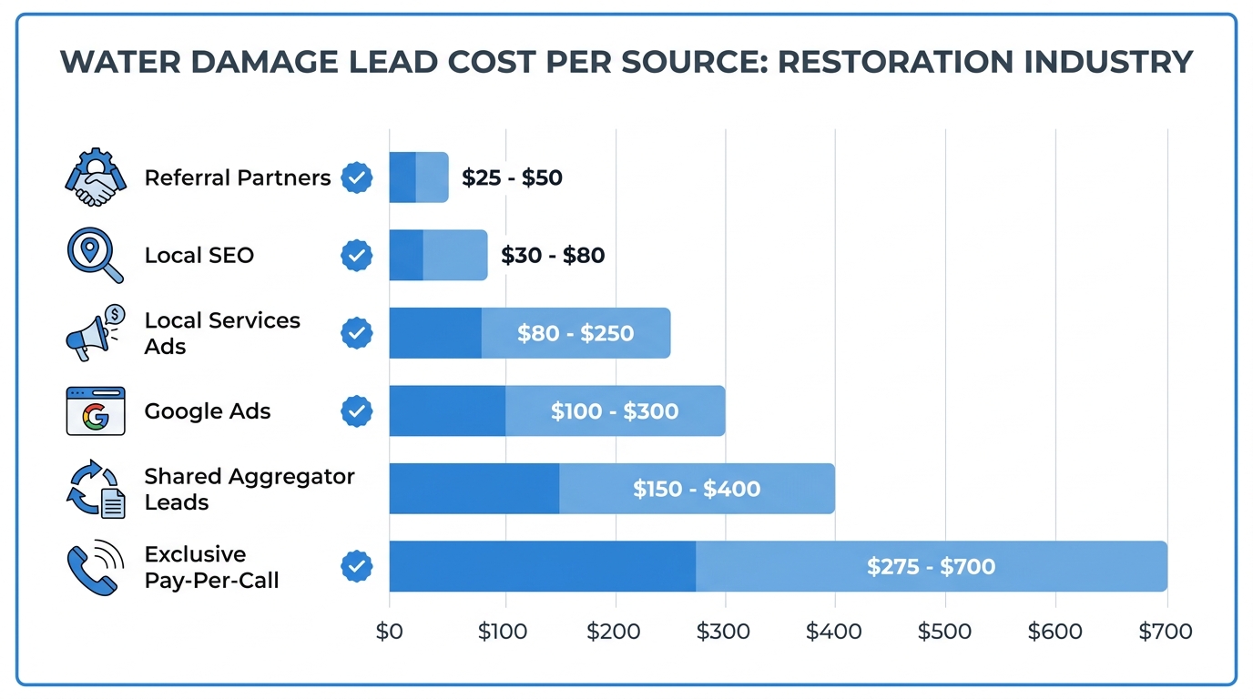 Water damage lead cost comparison by source: referrals, SEO, LSAs, Google Ads, shared and exclusive vendors