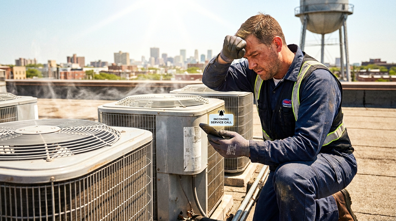 HVAC technician answering an emergency service call beside rooftop air conditioning units in summer heat