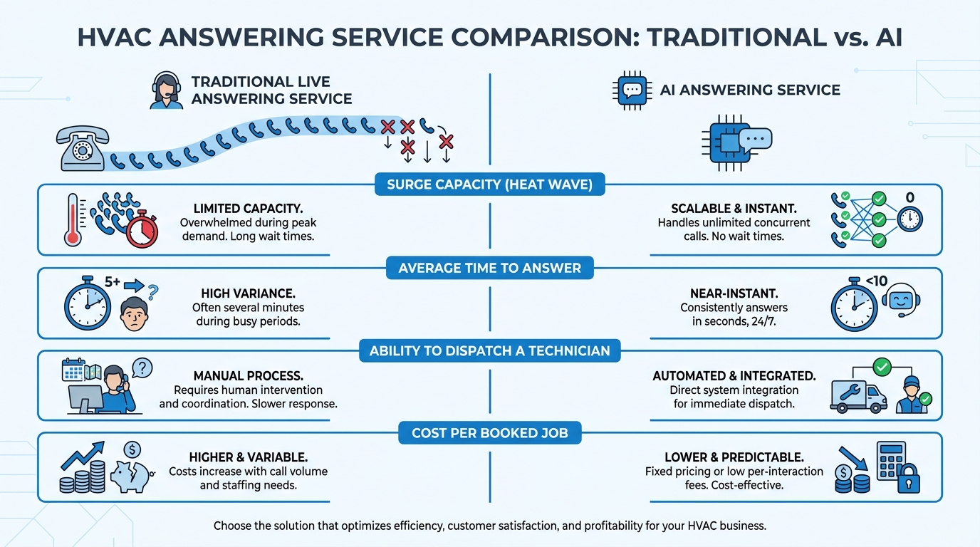 Comparison infographic of live versus AI HVAC answering service on surge capacity, wait time, dispatch, and cost per booked job