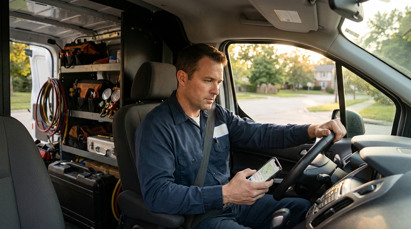 HVAC service technician reviewing a dispatched job on a phone in a service van