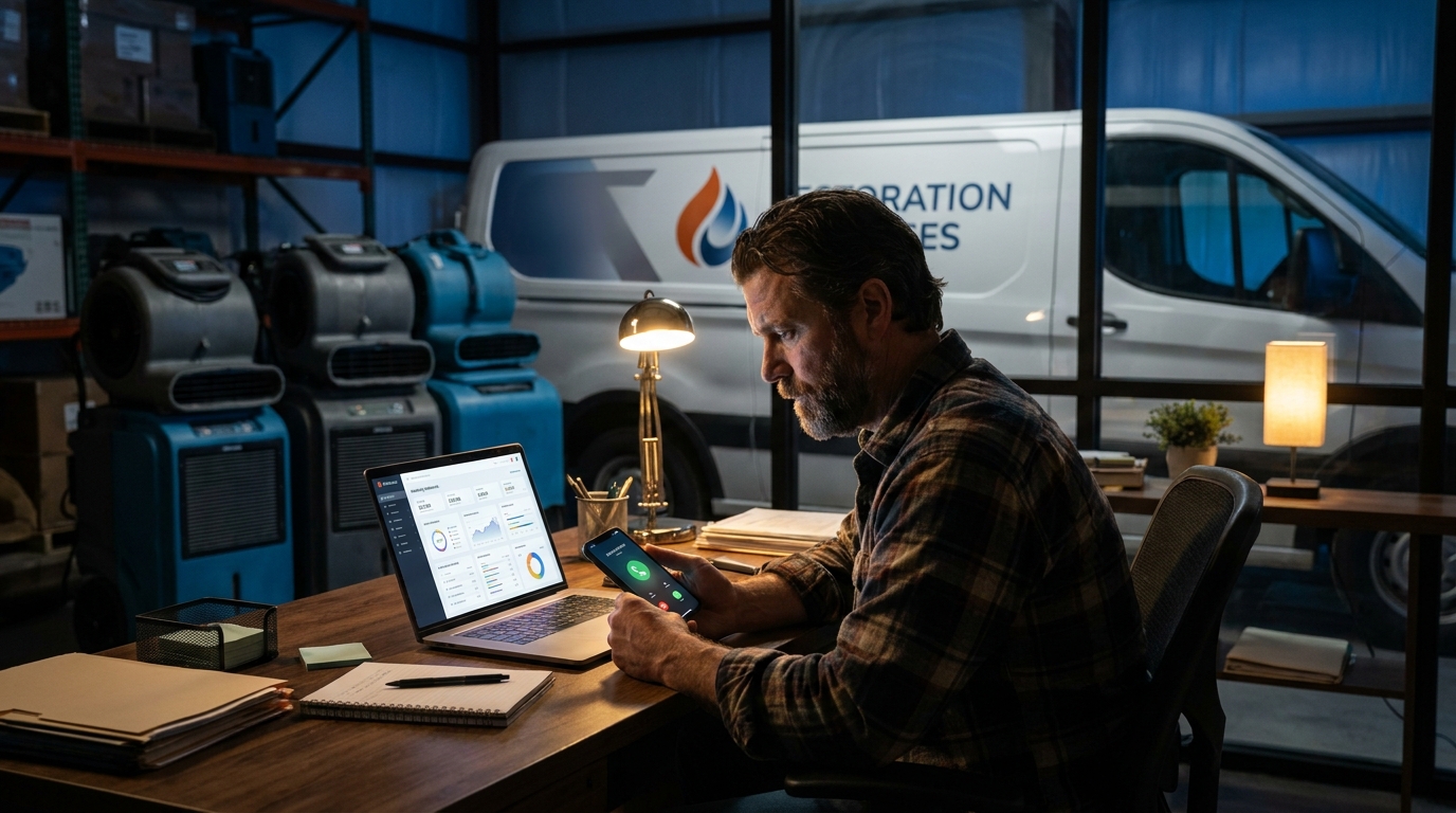 Restoration company owner planning marketing channels while emergency calls light up his phone
