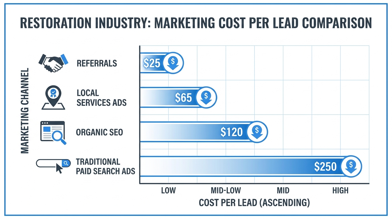 Infographic comparing restoration marketing channels by cost per lead: referrals, LSAs, SEO, and Google Ads