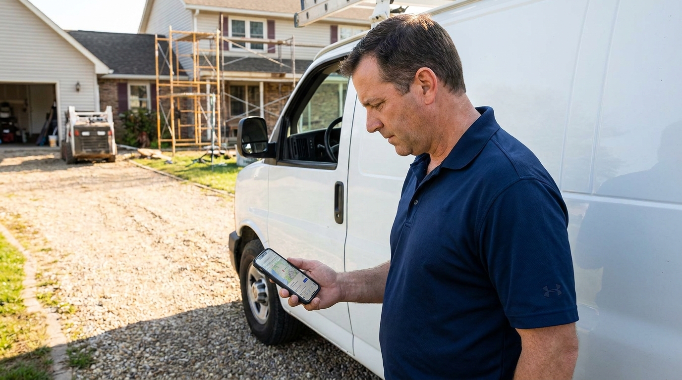 Restoration business owner checking his company's Google map pack ranking on a phone at a job site