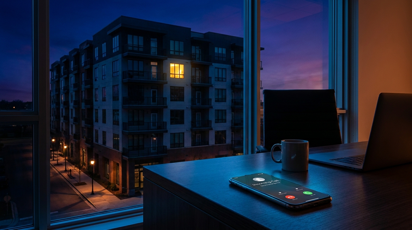 Property management answering service handling a late night tenant emergency call at an apartment building
