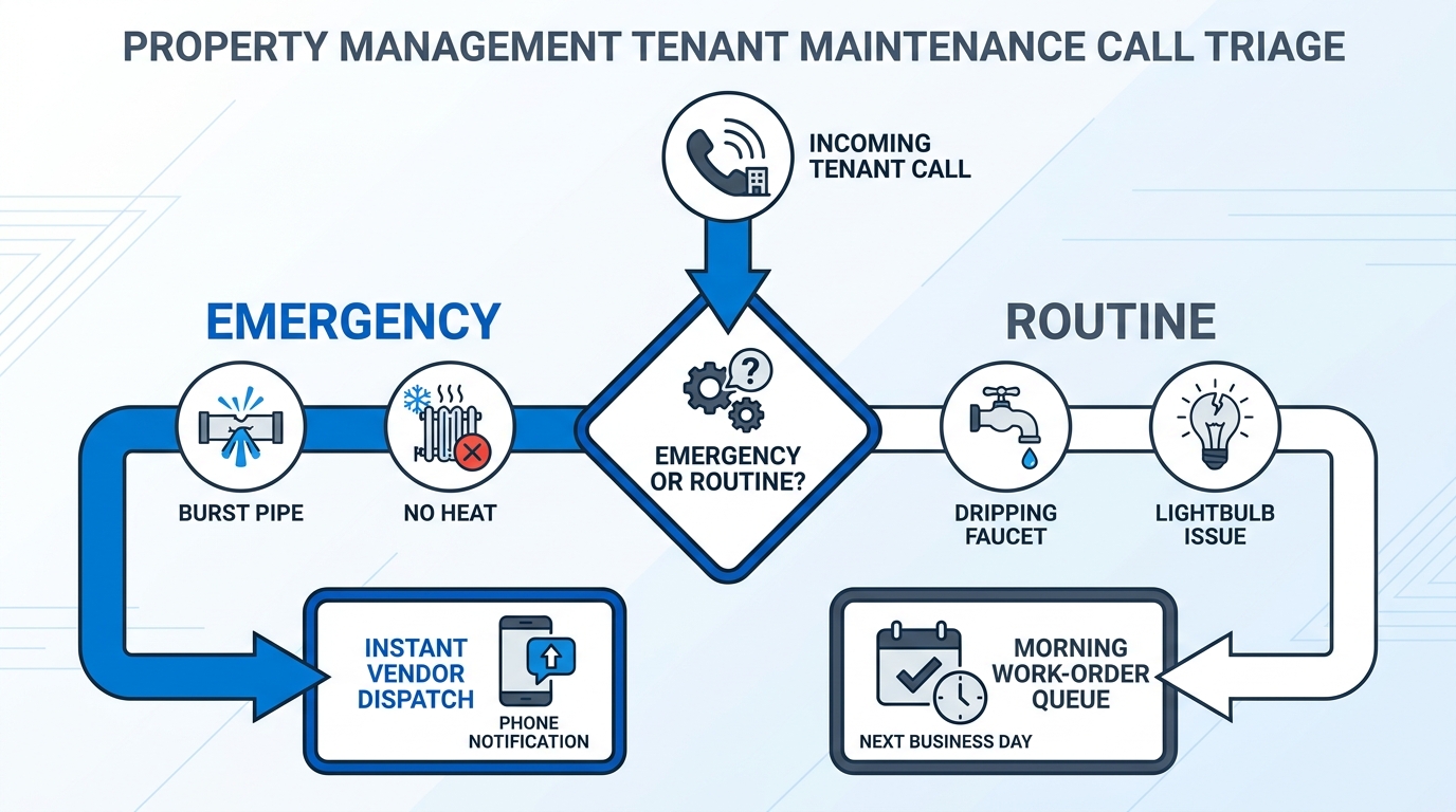 Flowchart showing tenant maintenance call triage from intake to emergency vendor dispatch or morning work order queue