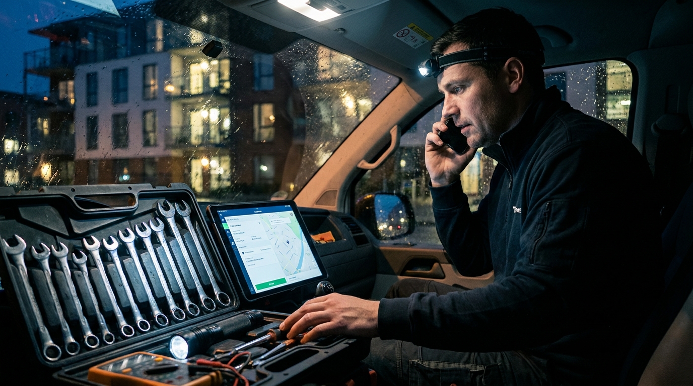 On-call maintenance plumber receiving a dispatched work order by phone in his service van at night