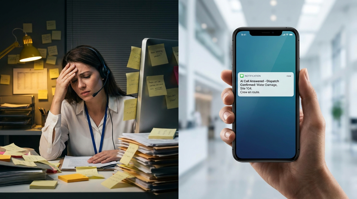 Split scene comparing a human restoration answering service operator with an instant AI call answer