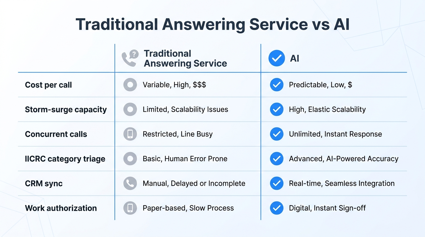 Comparison table of a traditional answering service versus AI for restoration on cost, surge capacity, triage, and CRM sync