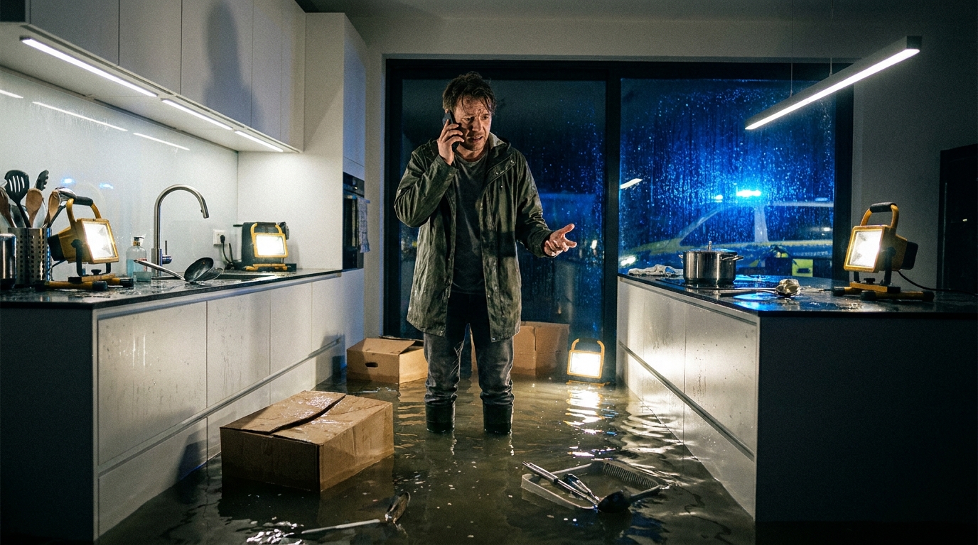 A panicked homeowner standing in a flooded kitchen at night calling for emergency help