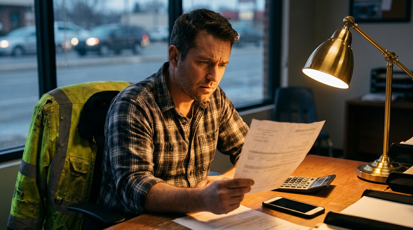 Small business owner reviewing a virtual receptionist pricing invoice and overage charges