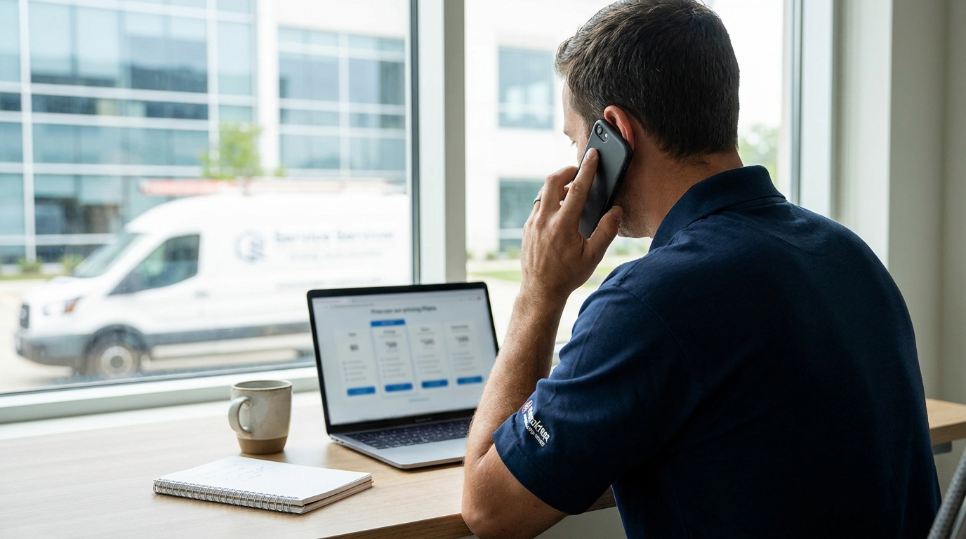 Contractor comparing virtual receptionist pricing plans on a laptop while taking a call